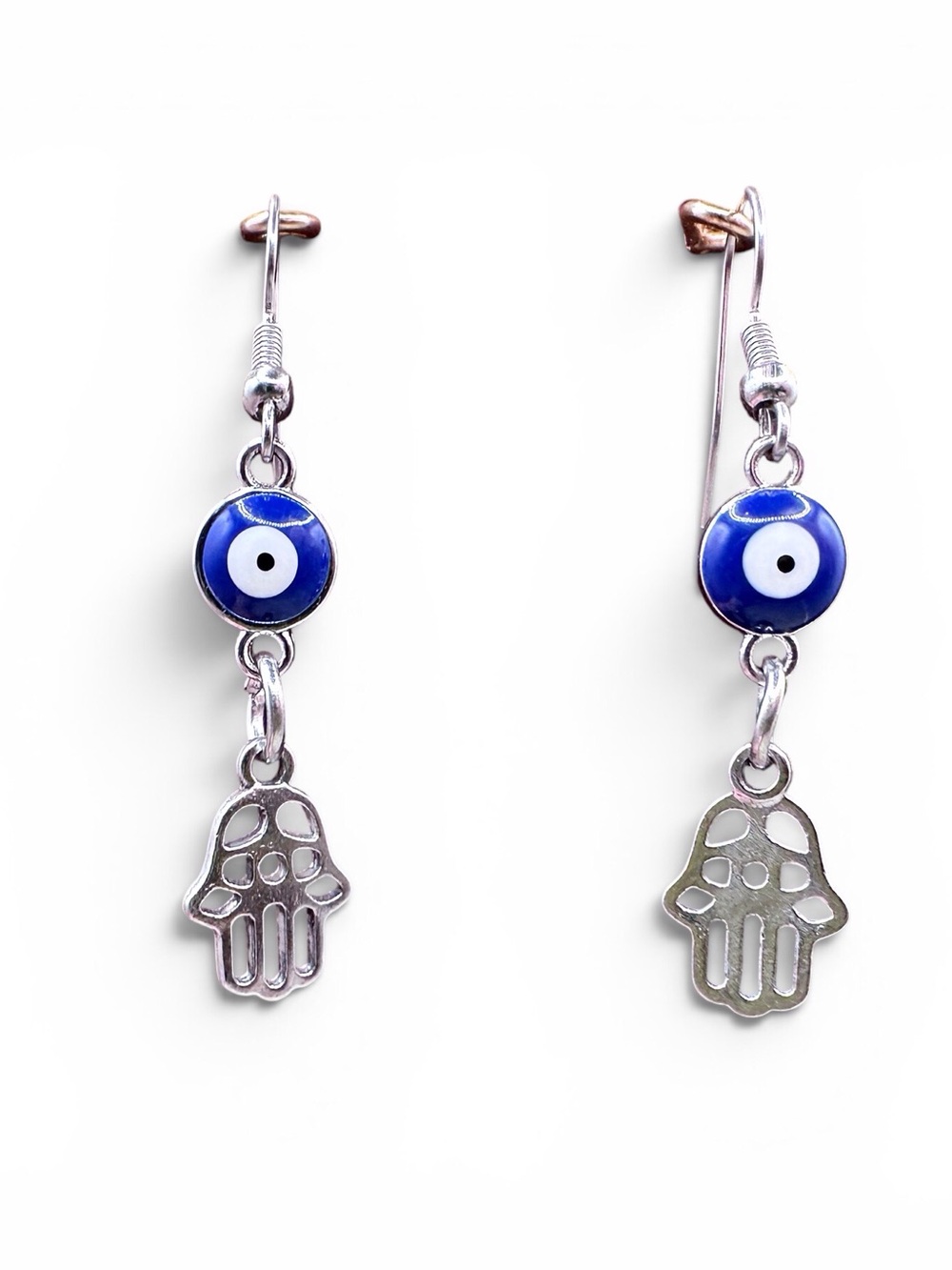 Blue Evil Eye Hamsa Dangle Earrings - nickel free